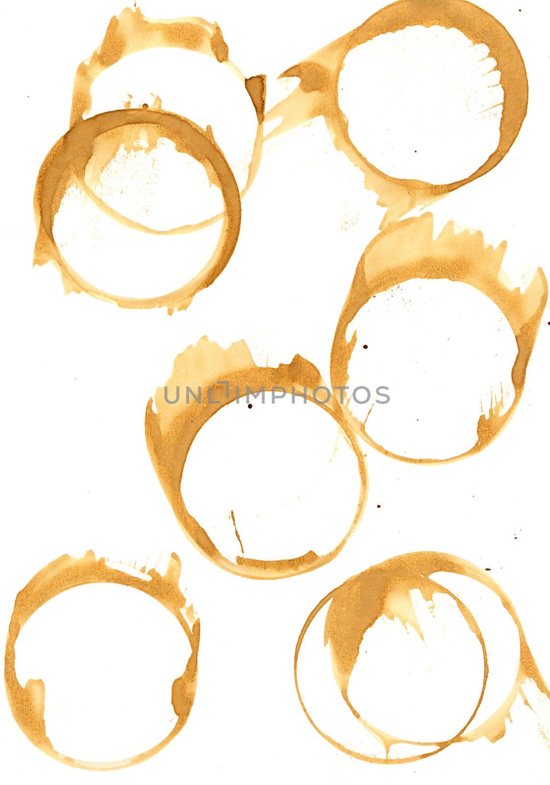Collection of coffee splashes and stains isolated on white background.
