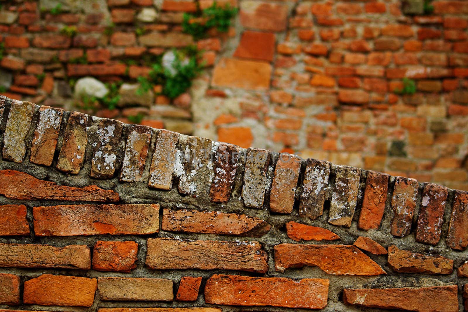 Two brick walls, front one in focus, and drawing a diagonal