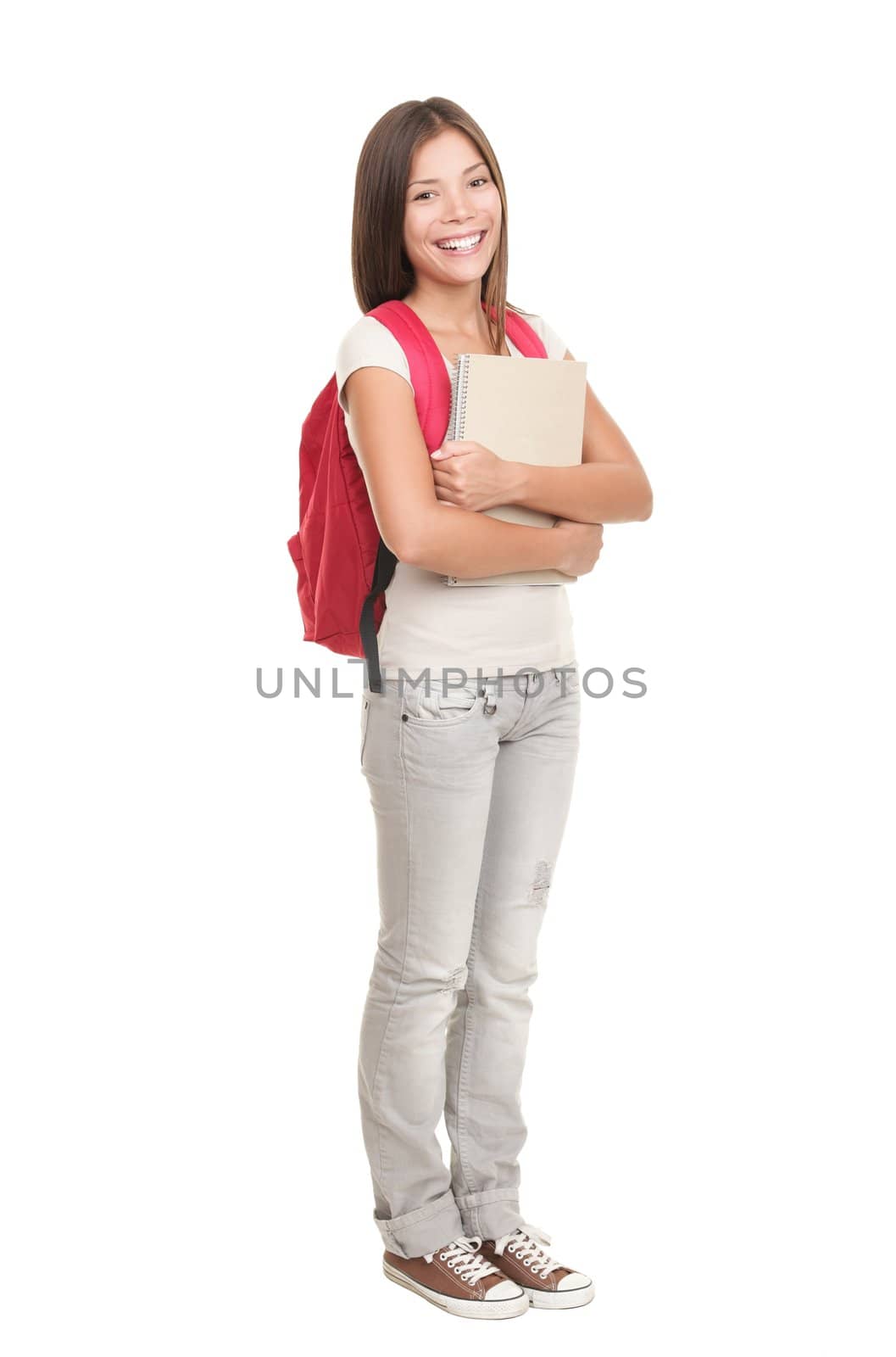 Female college university student standing isolated on white background in full length