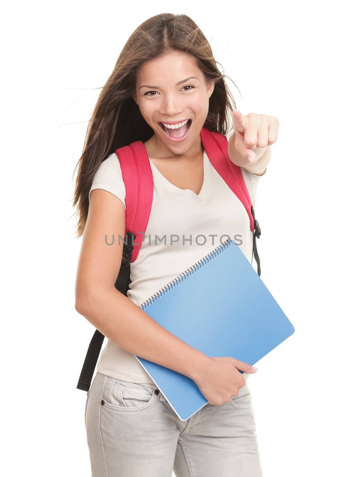 Woman college student pointing at camera cheerful and excited. Isolated on white background.