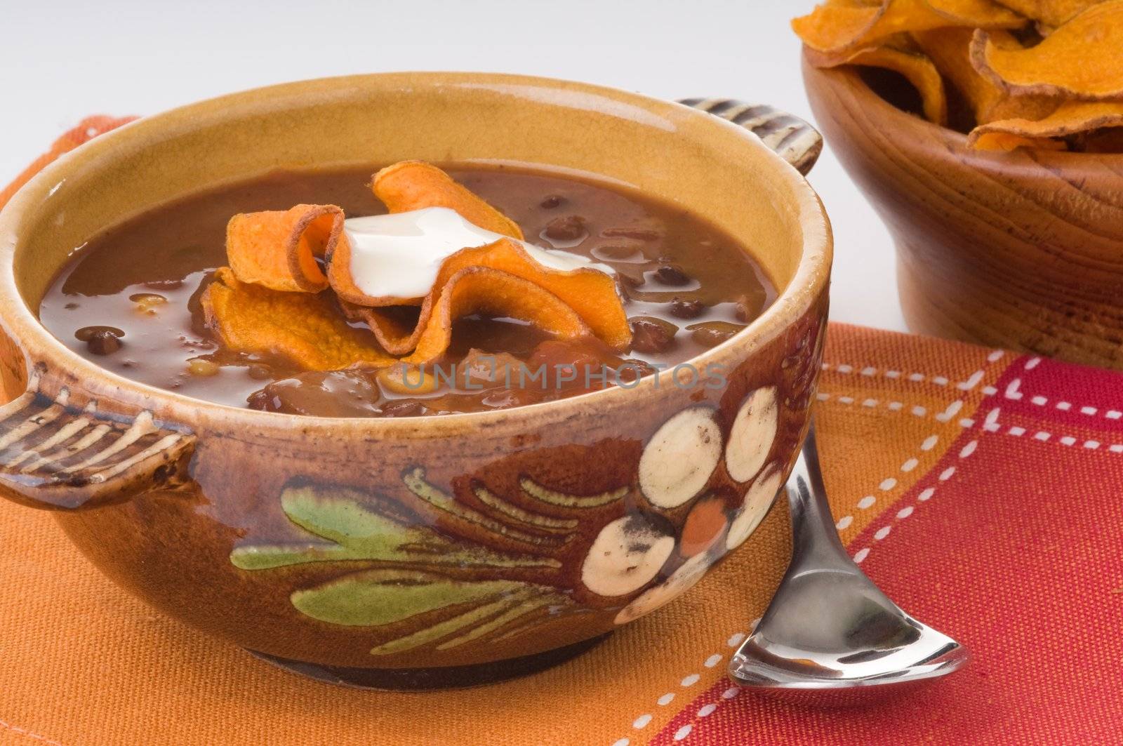 Bowl of homemade spicy black bean soup.