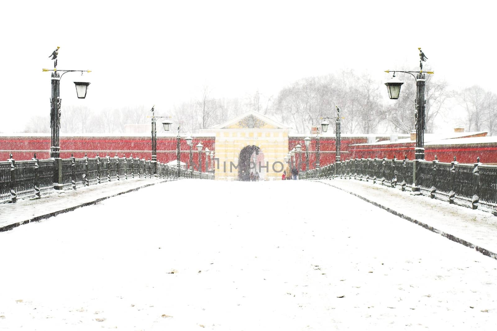 Bridge to John's Gates in Peter & Paul Fortress at snowfall in Saint Petersburg, Russia.