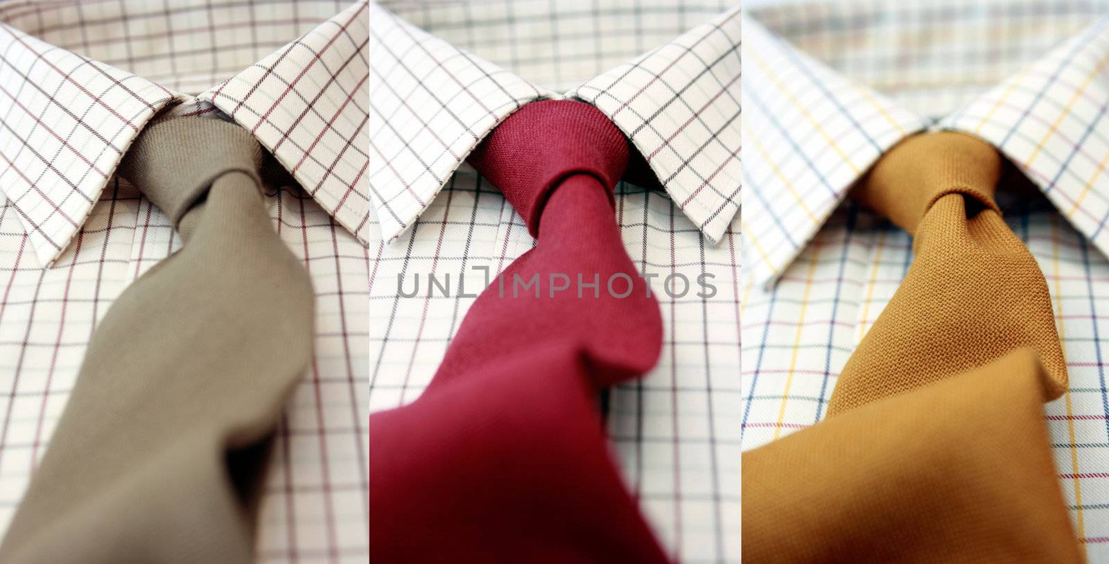 A close up view of a set of mans cotton checked shirt with a matching coloured woolen ties in gray, burgundy and mustard. Low angled view with focus to middle.