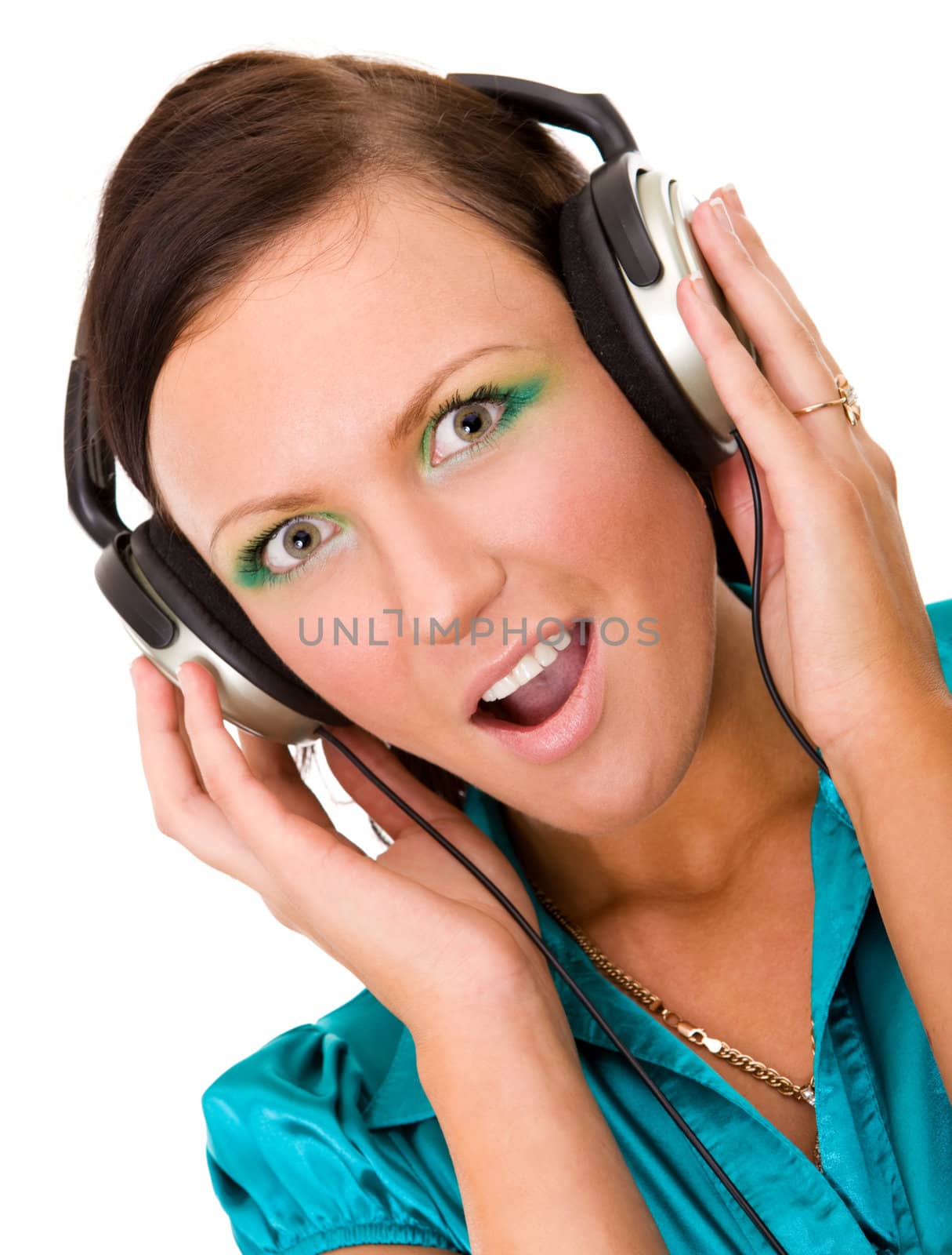 Young woman with an earphones on isolated white