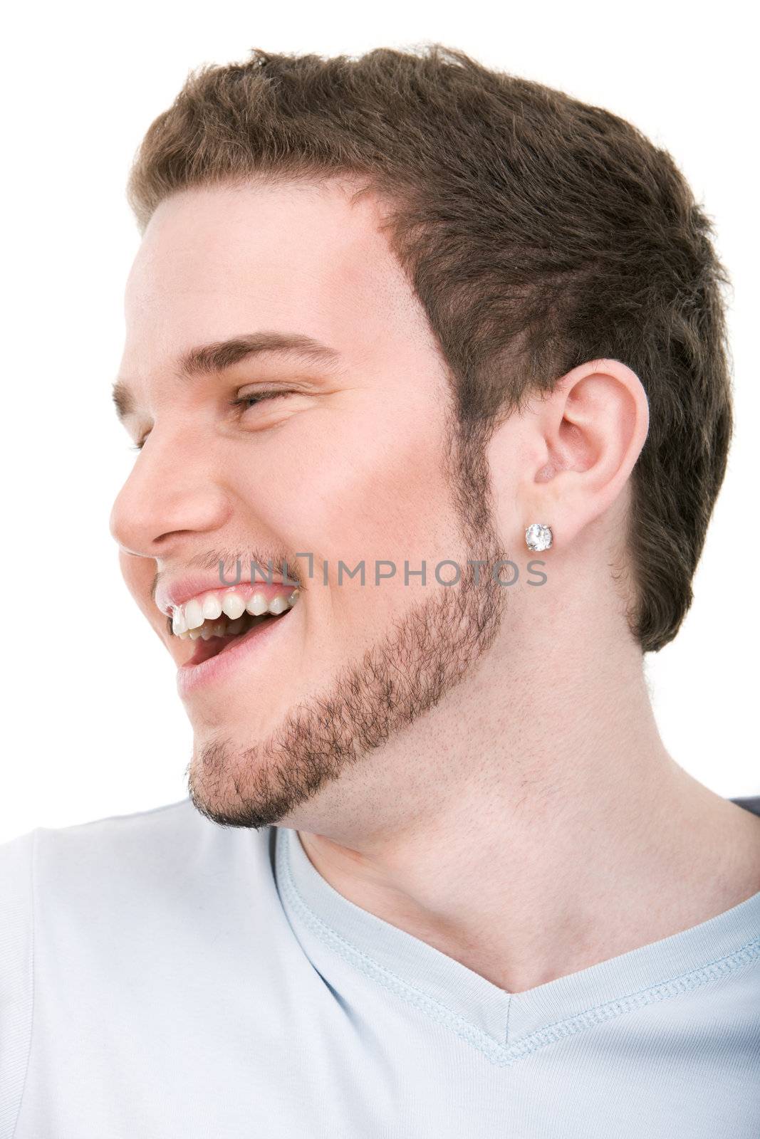 Smiling face of young handsome man on isolated white background