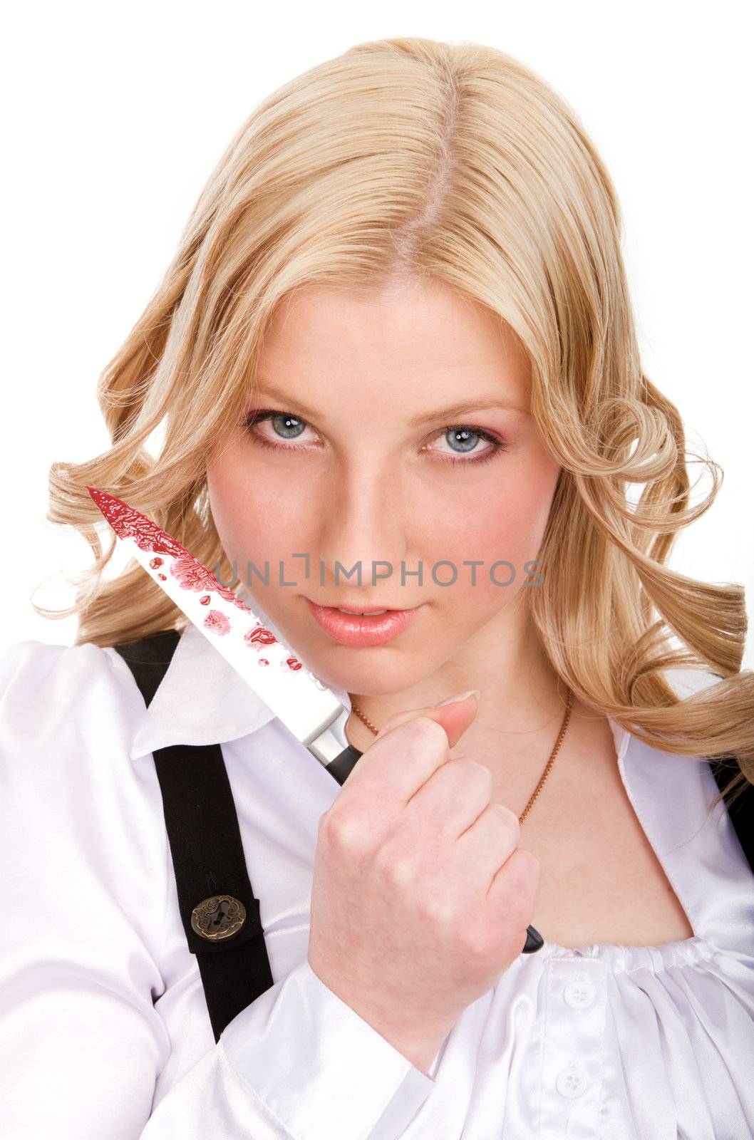 Young girl holding knife with blood on it on isolated white