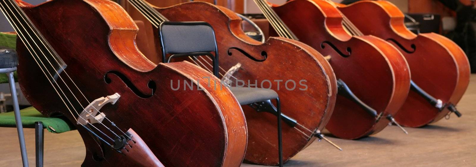 Vintage, music instruments, four old bass viols
