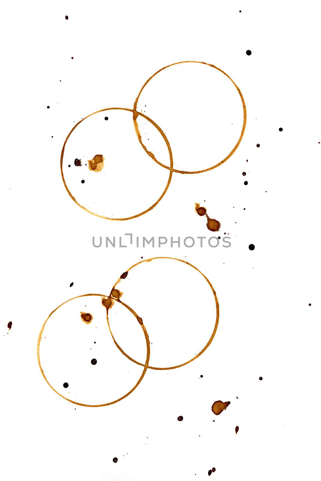 Collection of coffee splashes and stains isolated on white background.