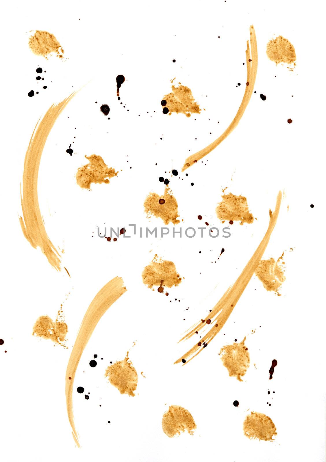 Collection of coffee splashes and stains isolated on white background.