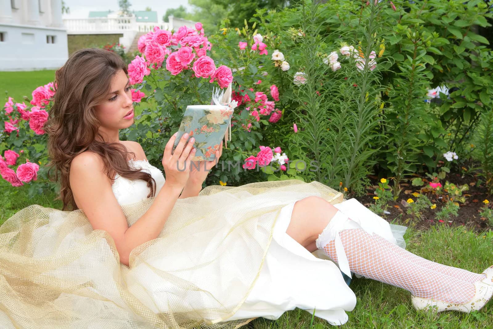 the young girl with book in hand under rosebushes