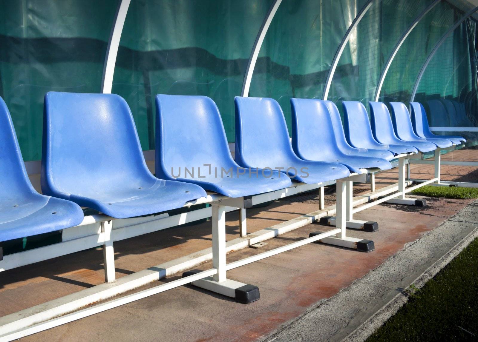 Coach and reserve benches in a soccer field