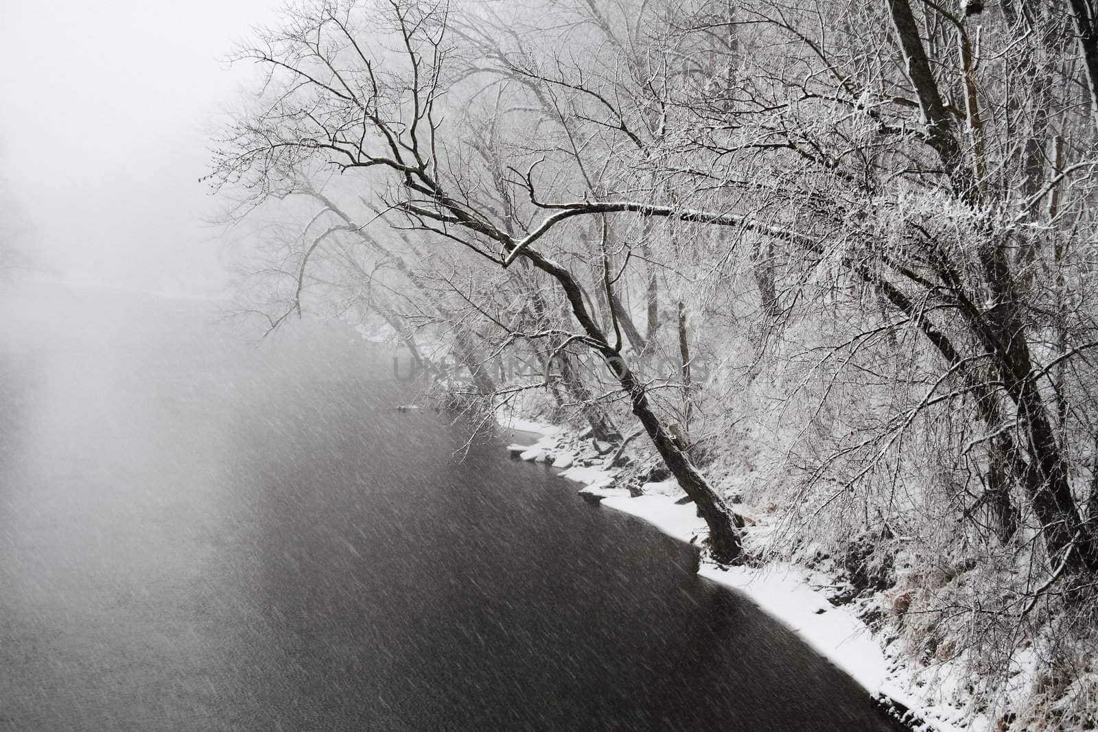 High contrast image of a river flowing through a snow storm.