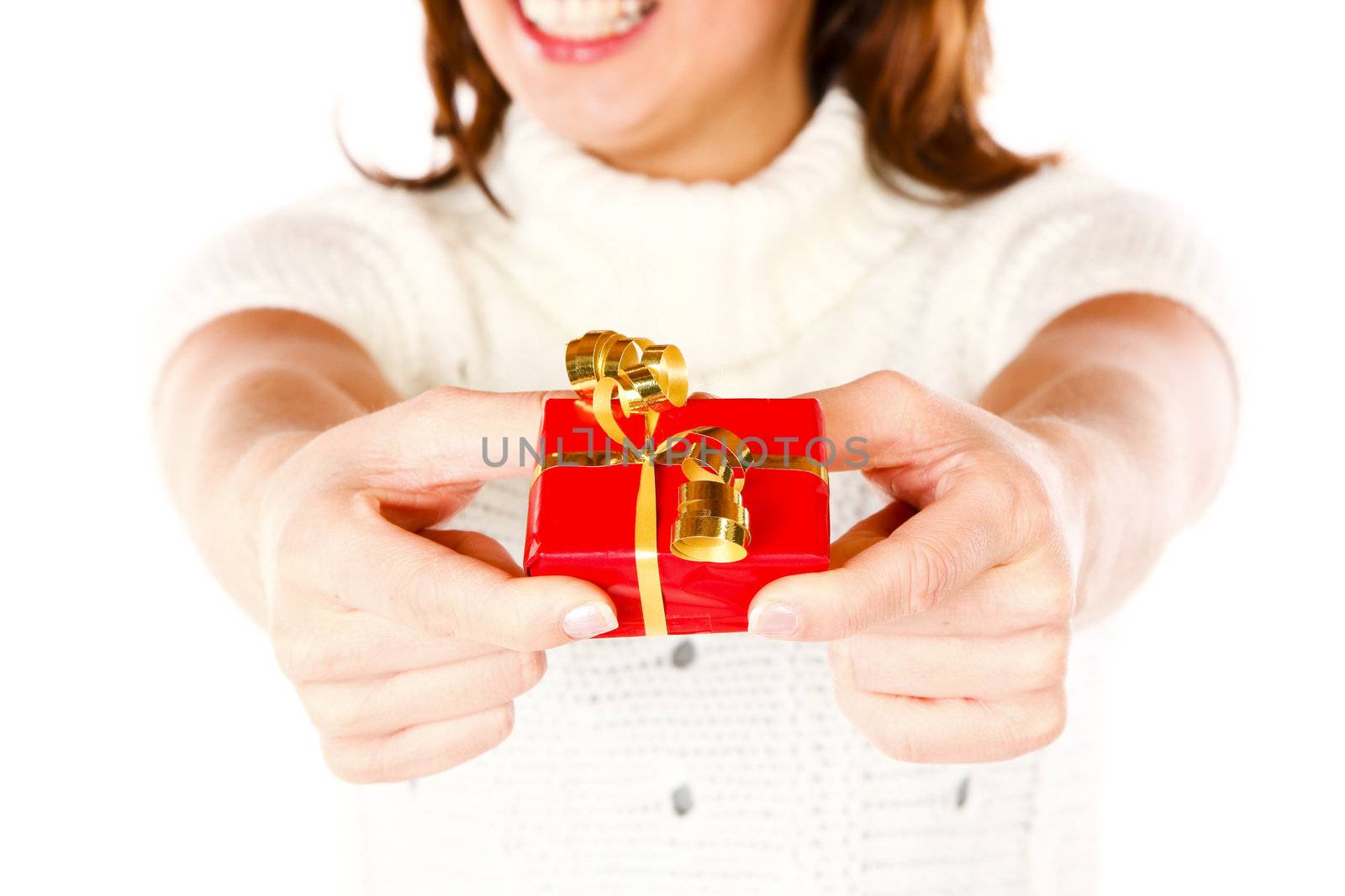Conceptual Closeup Photo Of A Cute Smiling Woman Offering A present