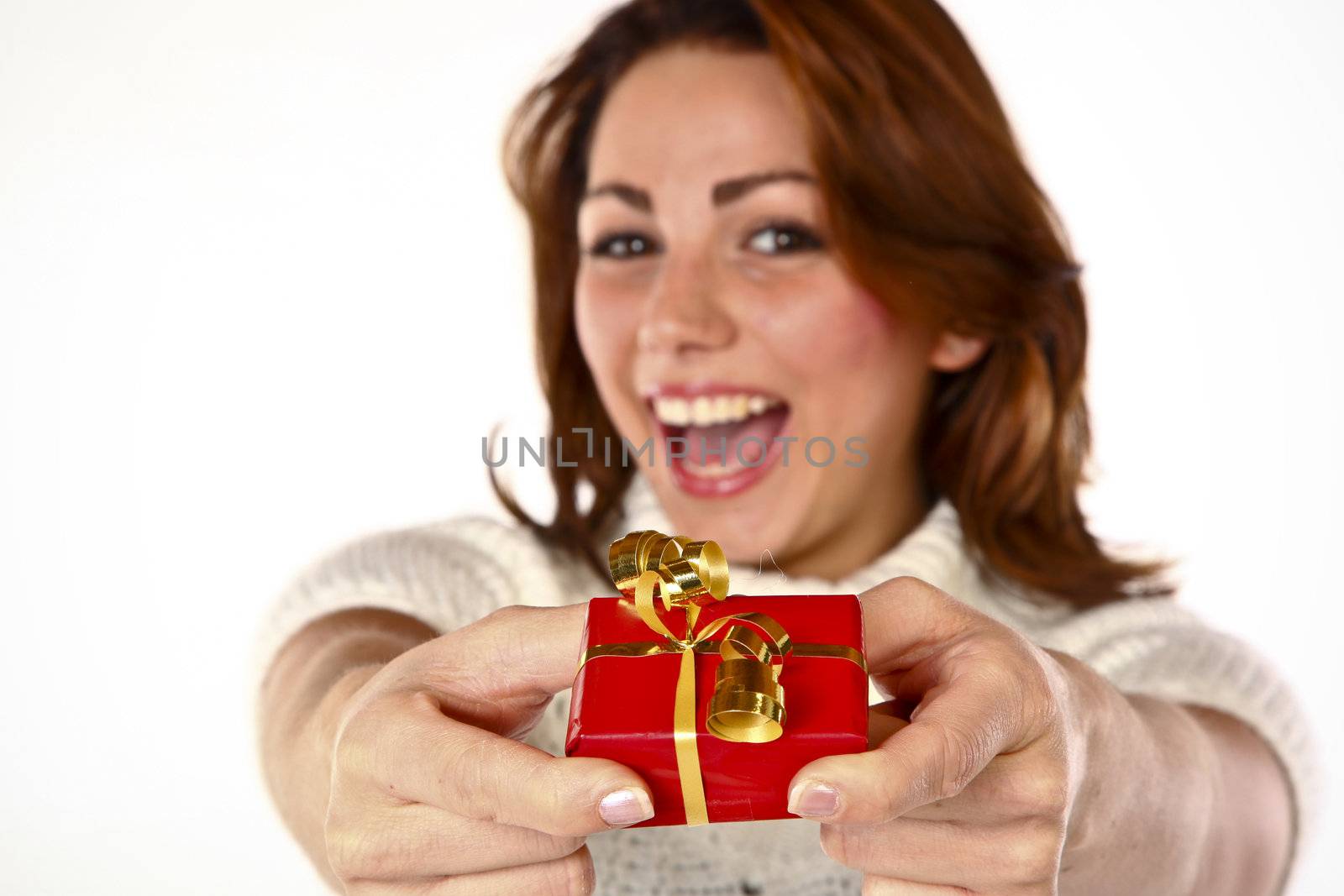 Conceptual Photo Of A Cheerful Cute Woman Offering A Gift