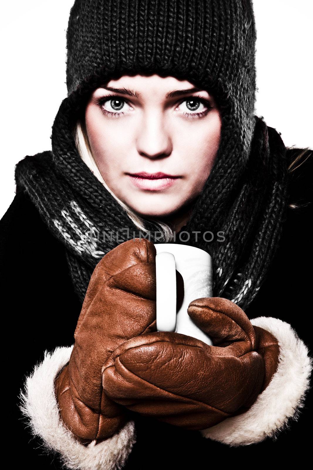 Cute Girl Having A Hot Drink In A Freezing Winter Day