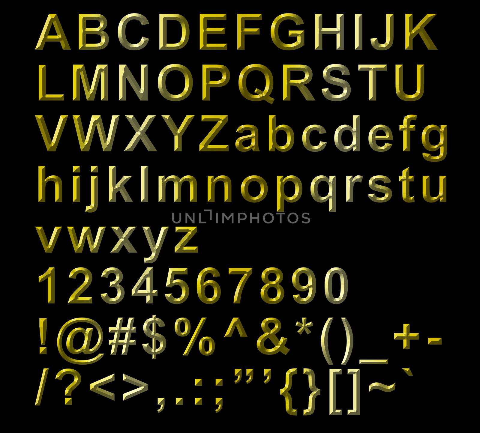 Whole set of Golden Alphabetical Letters, numbers and symbols