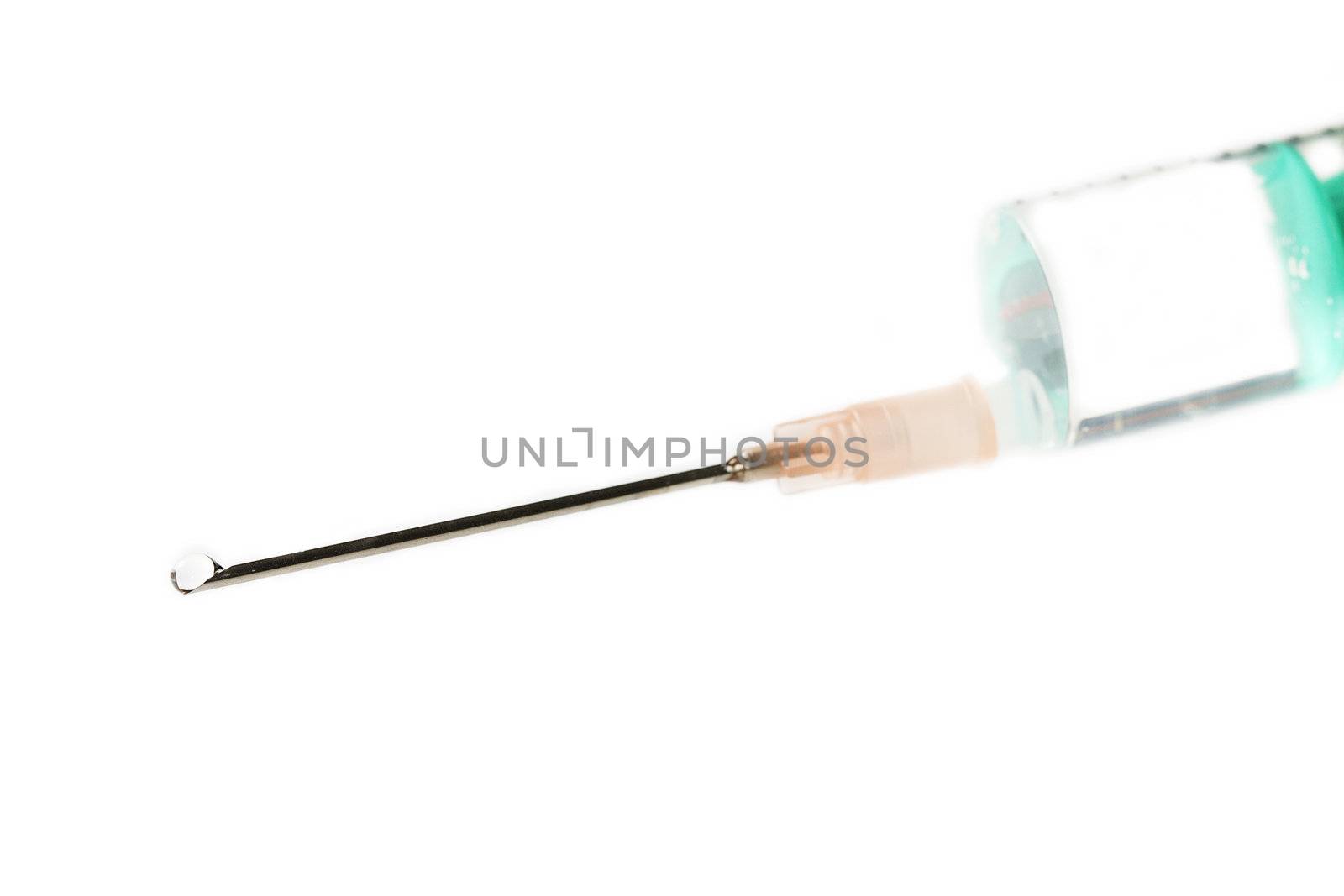one syringe with a drop on white background