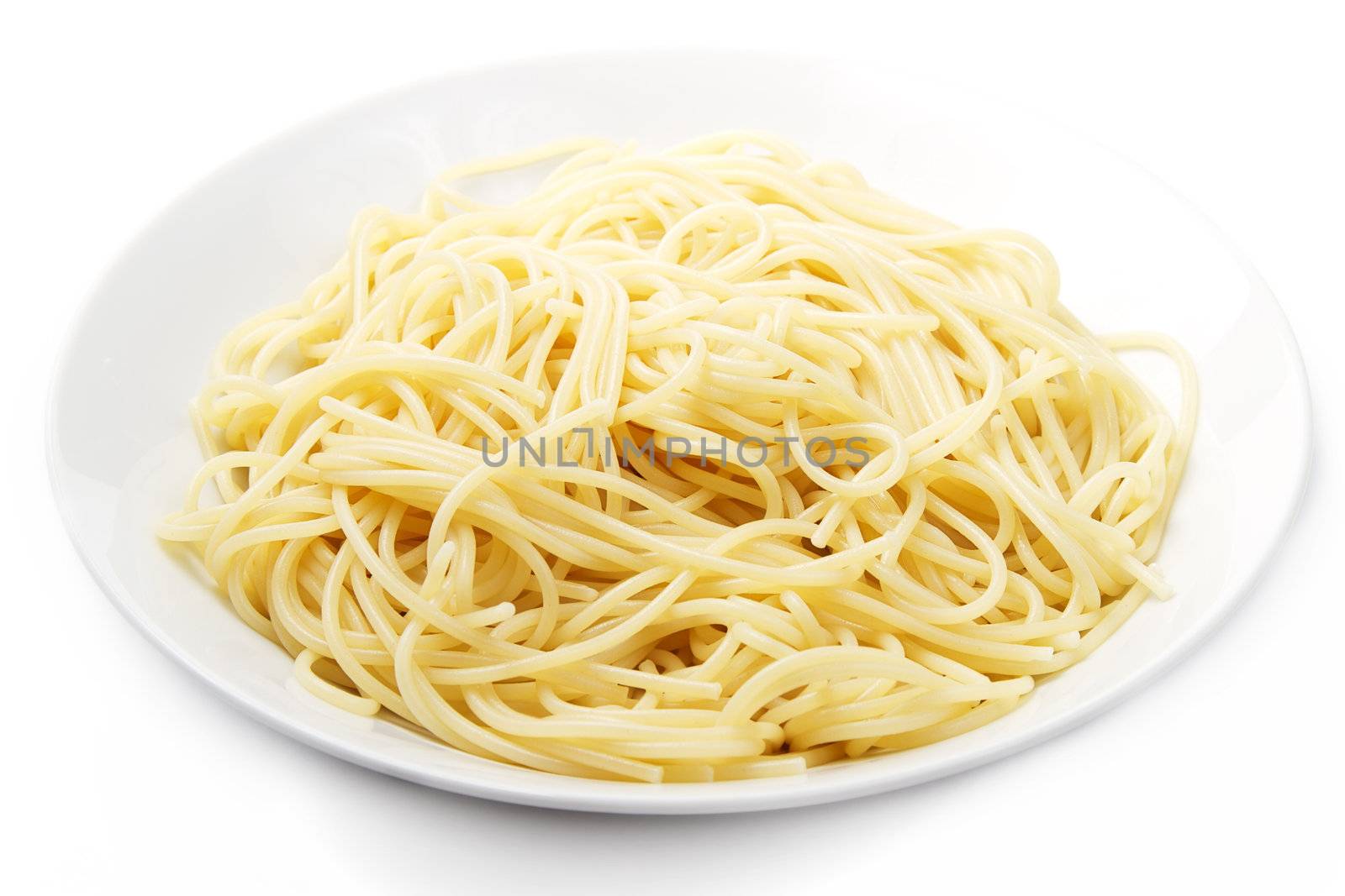 one plate with spaghetti on white background