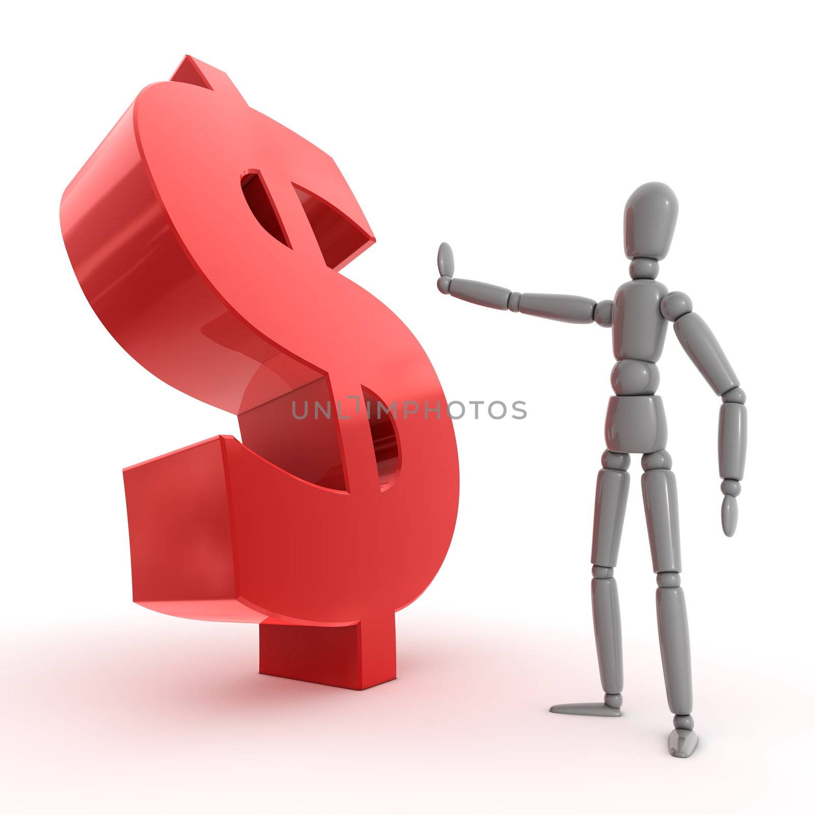 shiny grey person is stopping a shiny glossy red dollar sign - side view