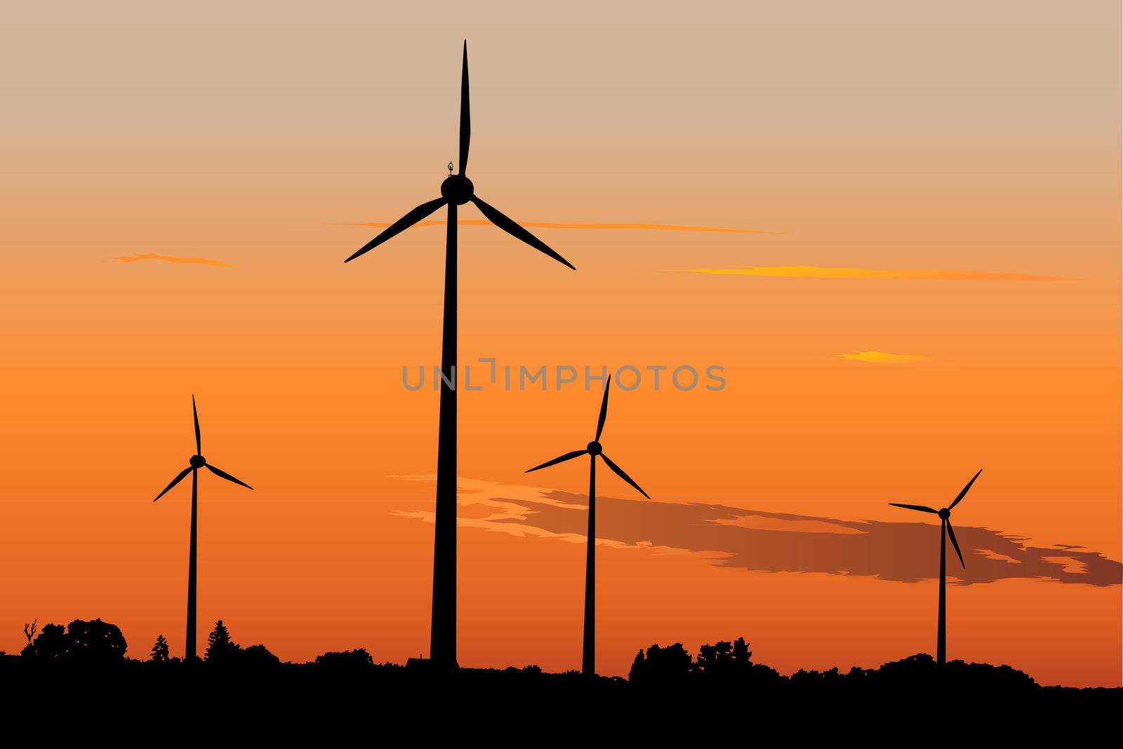 Four windturbines against dramatic sunset producing environment friendly energy