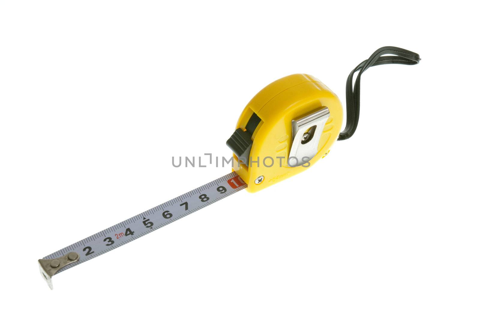Yellow and black tape measure isolated on white background.