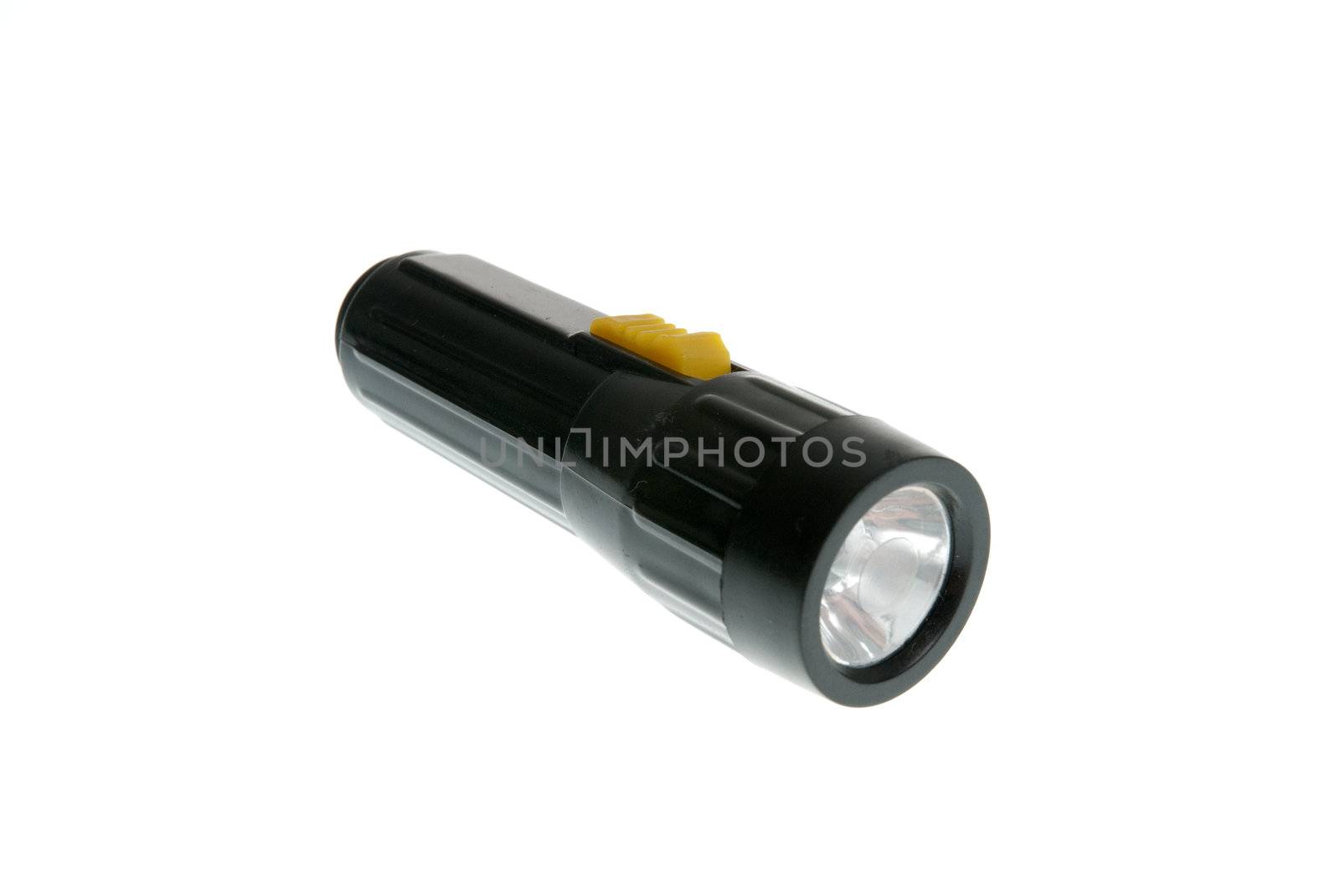 Yellow and black flashlight isolated on white background.