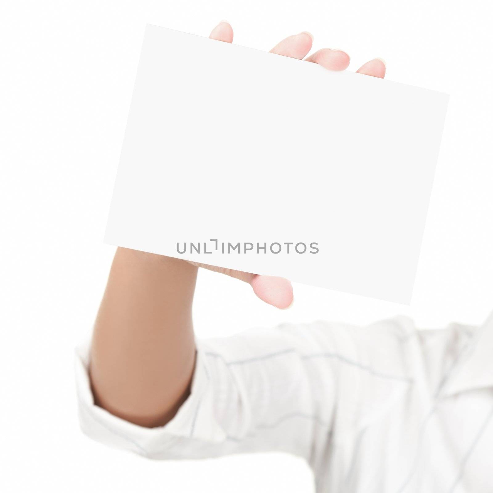 Empty blank sign isolated on white background, Female hand holding the card with copy space.