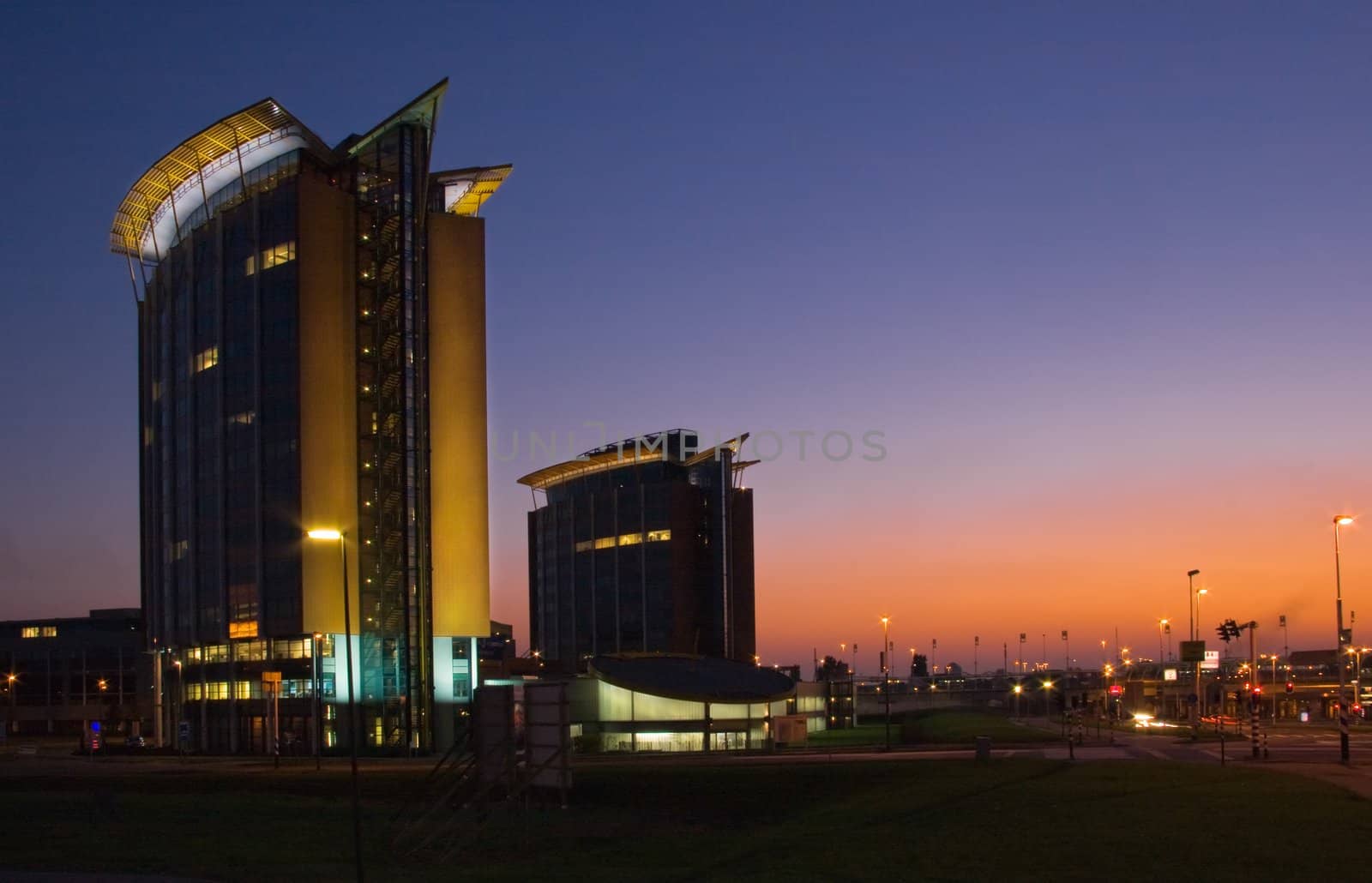 Architecture by night-Modern office buildings at sunset