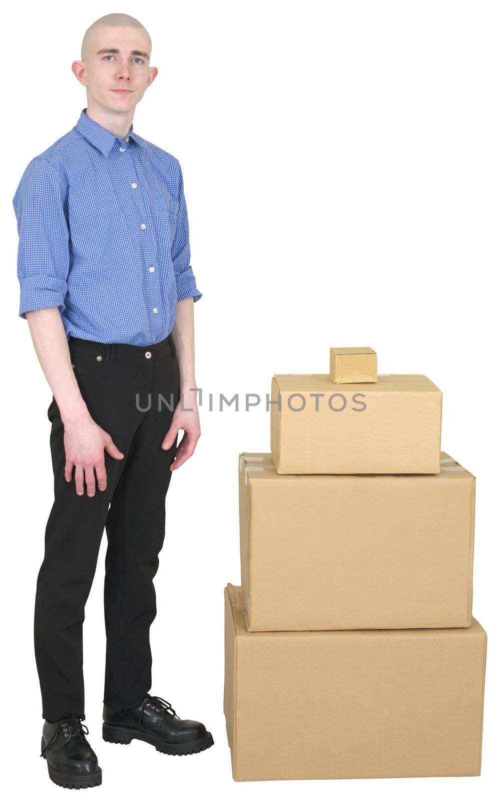 Man in overalls and cardboard boxes on white