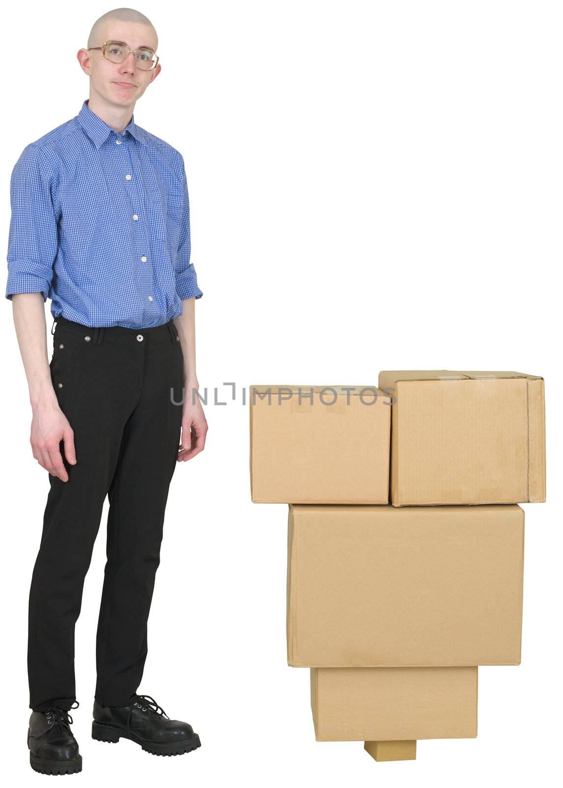 Courier in spectacles and cardboard boxes on white