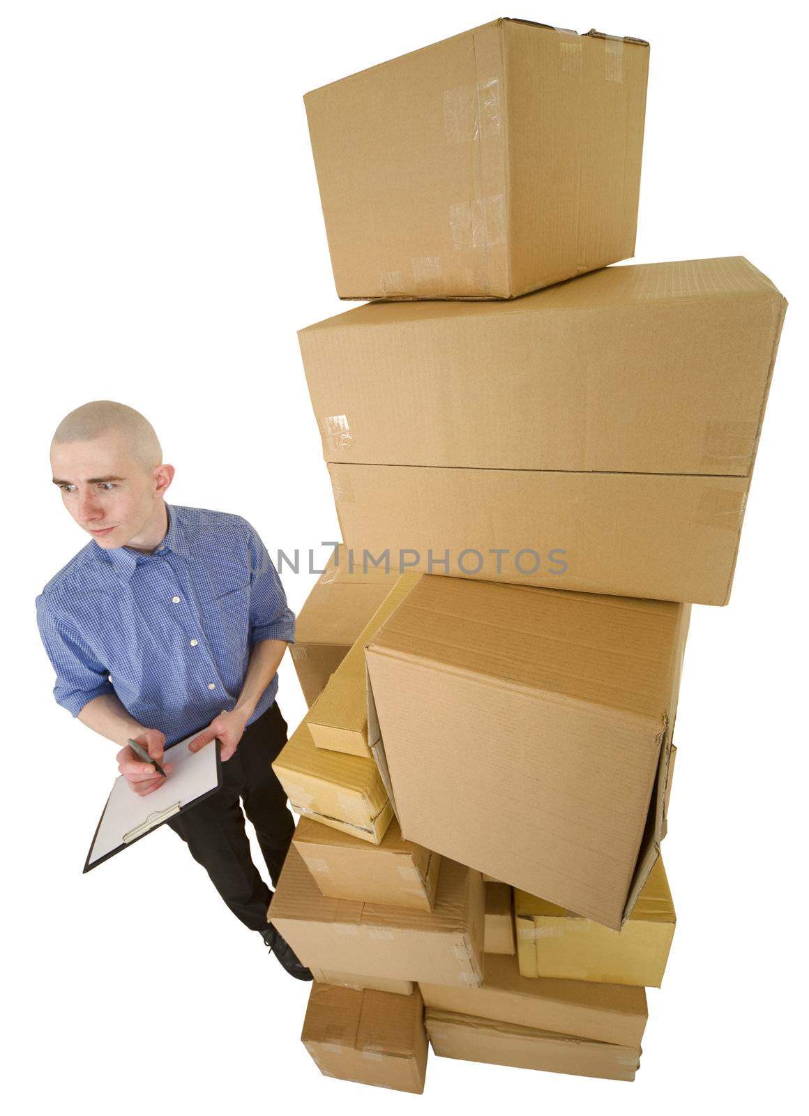 Courier and pile cardboard boxes and tablet