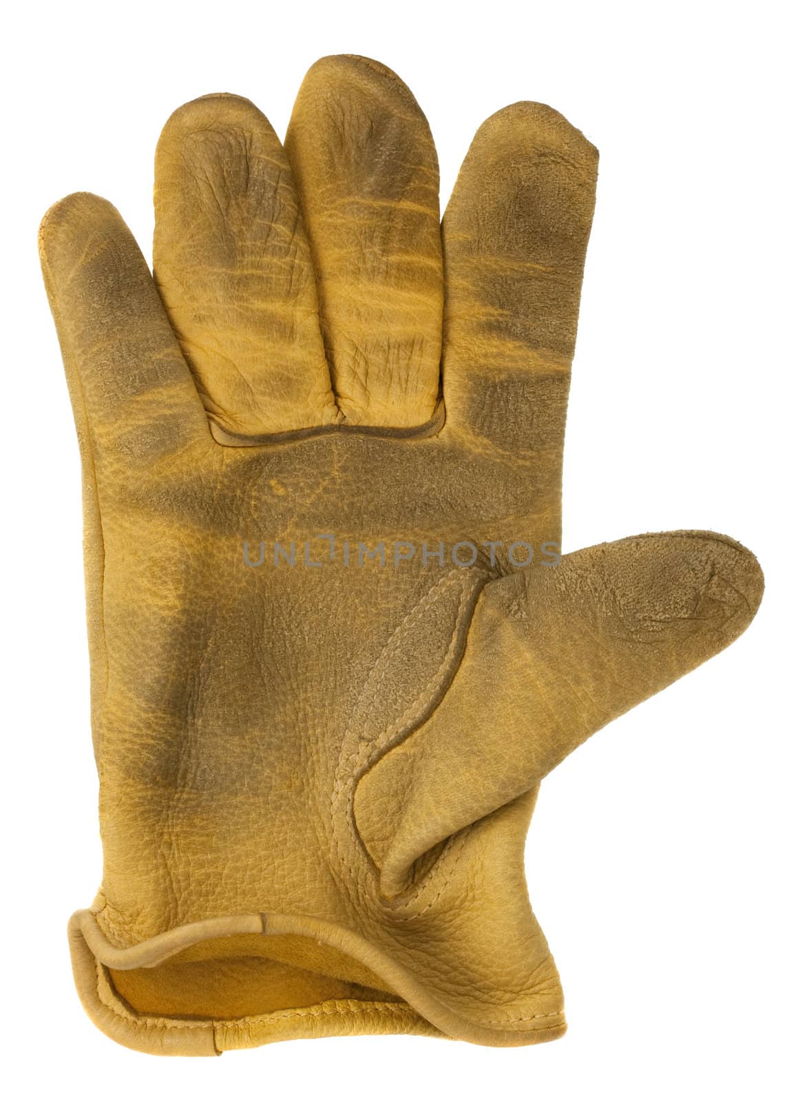 worn out, yellow deer leather, right hand glove, isolated on white