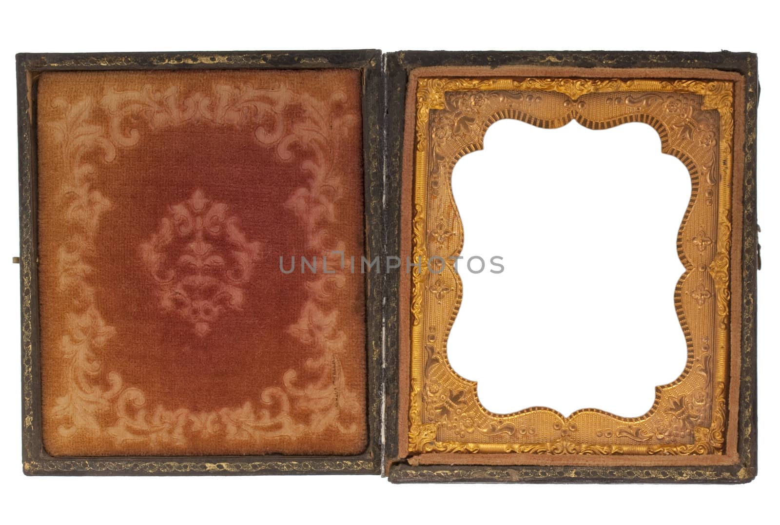 antique, worn out, clamshell photo case from nineeteenth century tintype or dagguerotype portrait, red faded fabric and gold frame with floral ornaments, picture frame isolated with clipping path