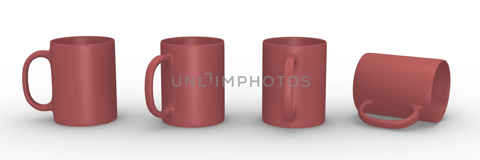 Set of red mugs in various viewing perspectives. 3D rendered illustration.
