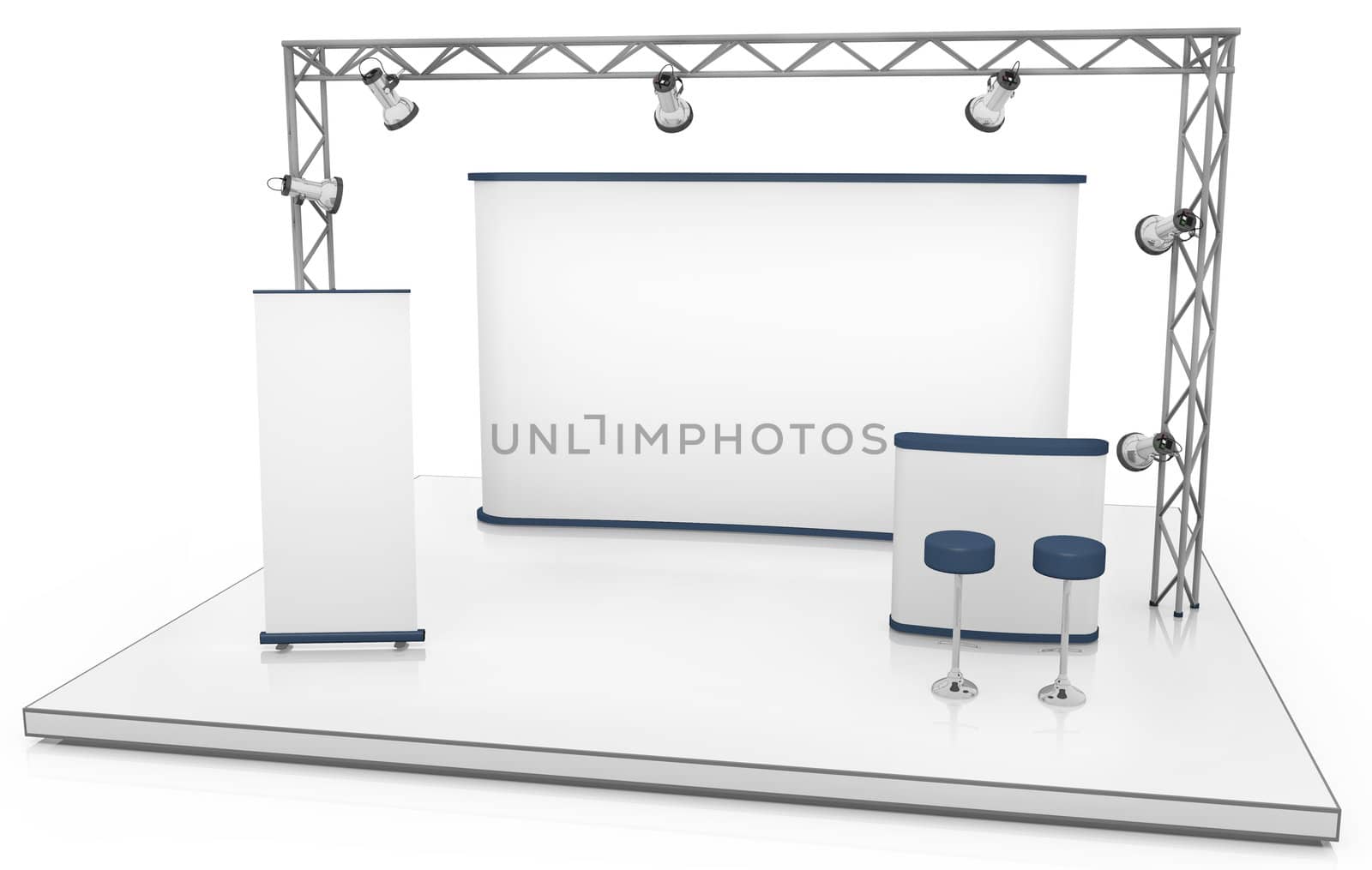 Blank trade exhibition stand with screen, counter, roll-up banner and lights
