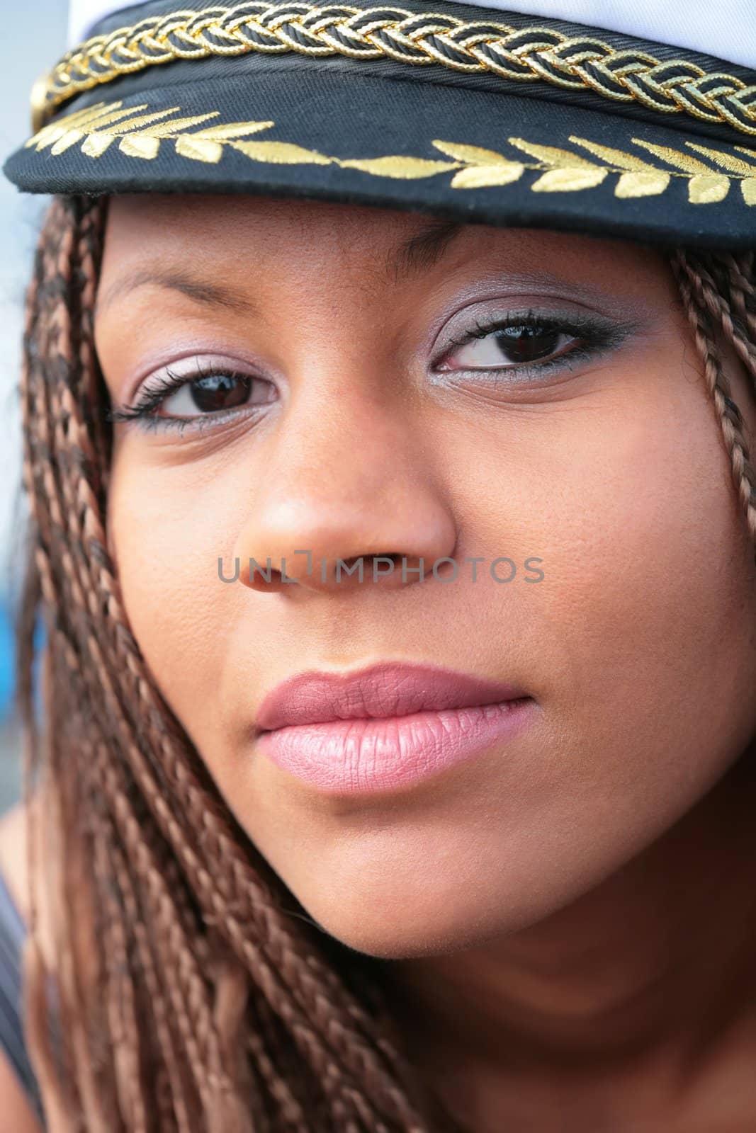 close-up, portrait smiling girls in captain cap