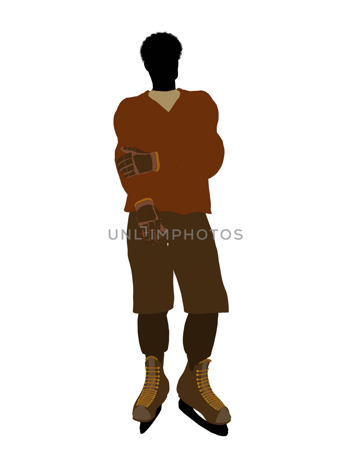African american male hockey player art illustration silhouette on a white background