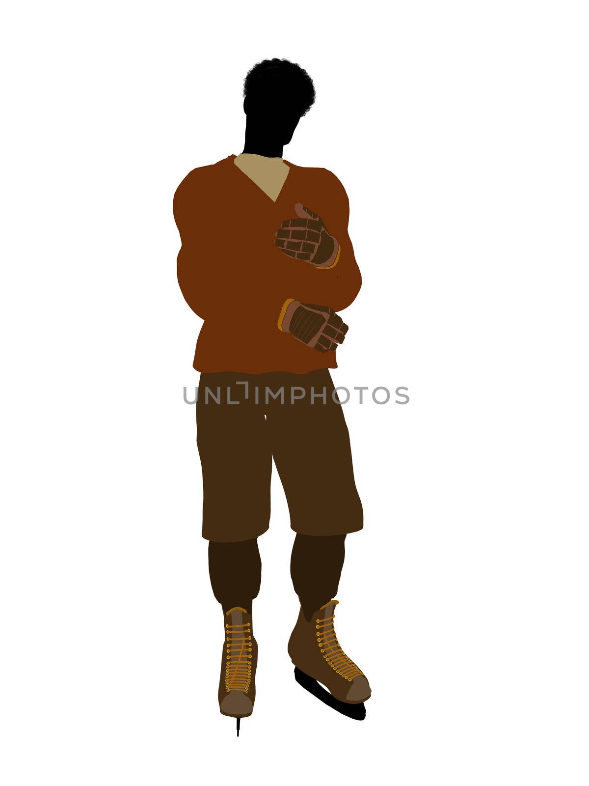 African american male hockey player art illustration silhouette on a white background