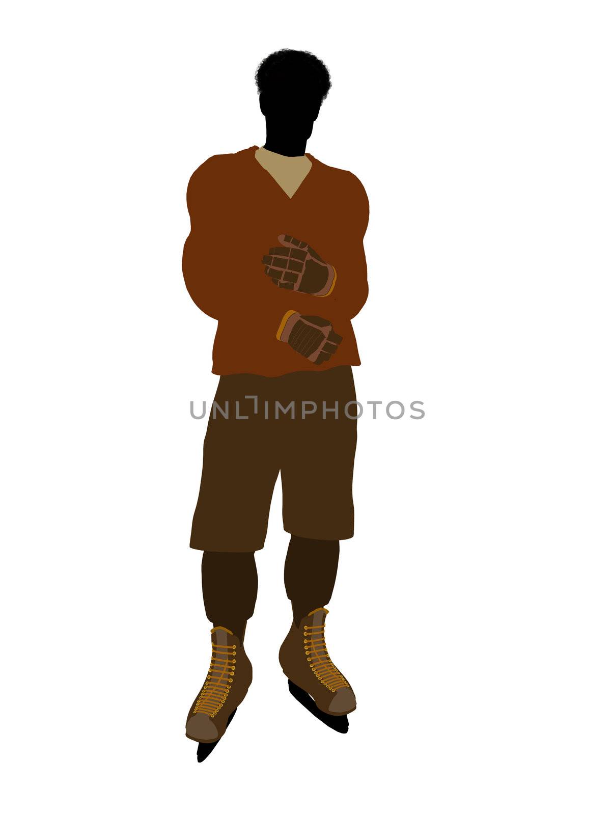 African american male hockey player art illustration silhouette on a white background