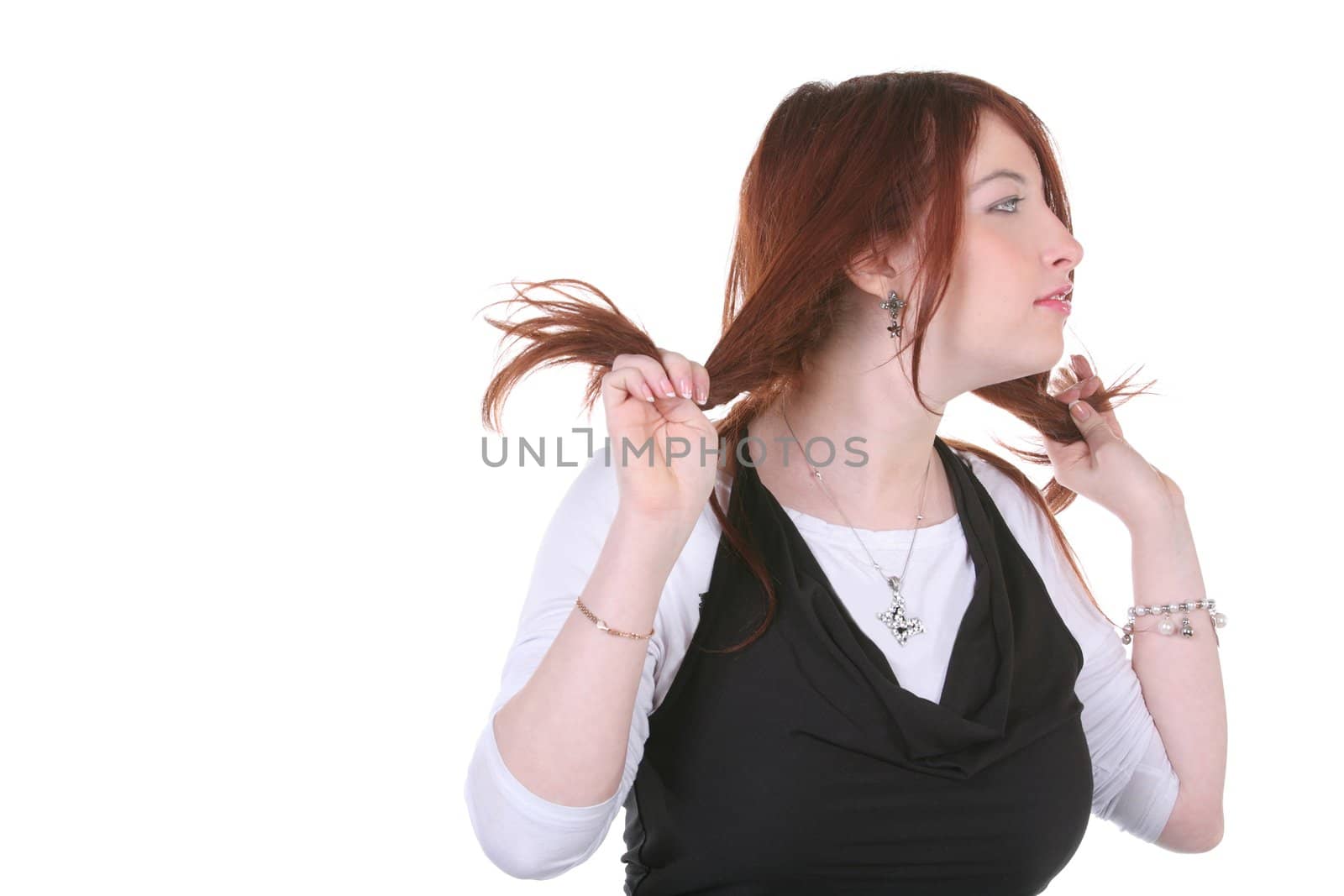 portrait of the european girl on white background with copy-space
