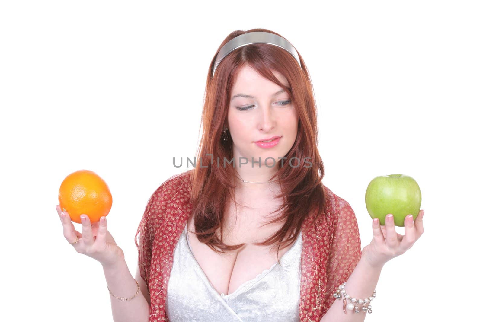 Pretty woman with green apple and orange, with copy-space