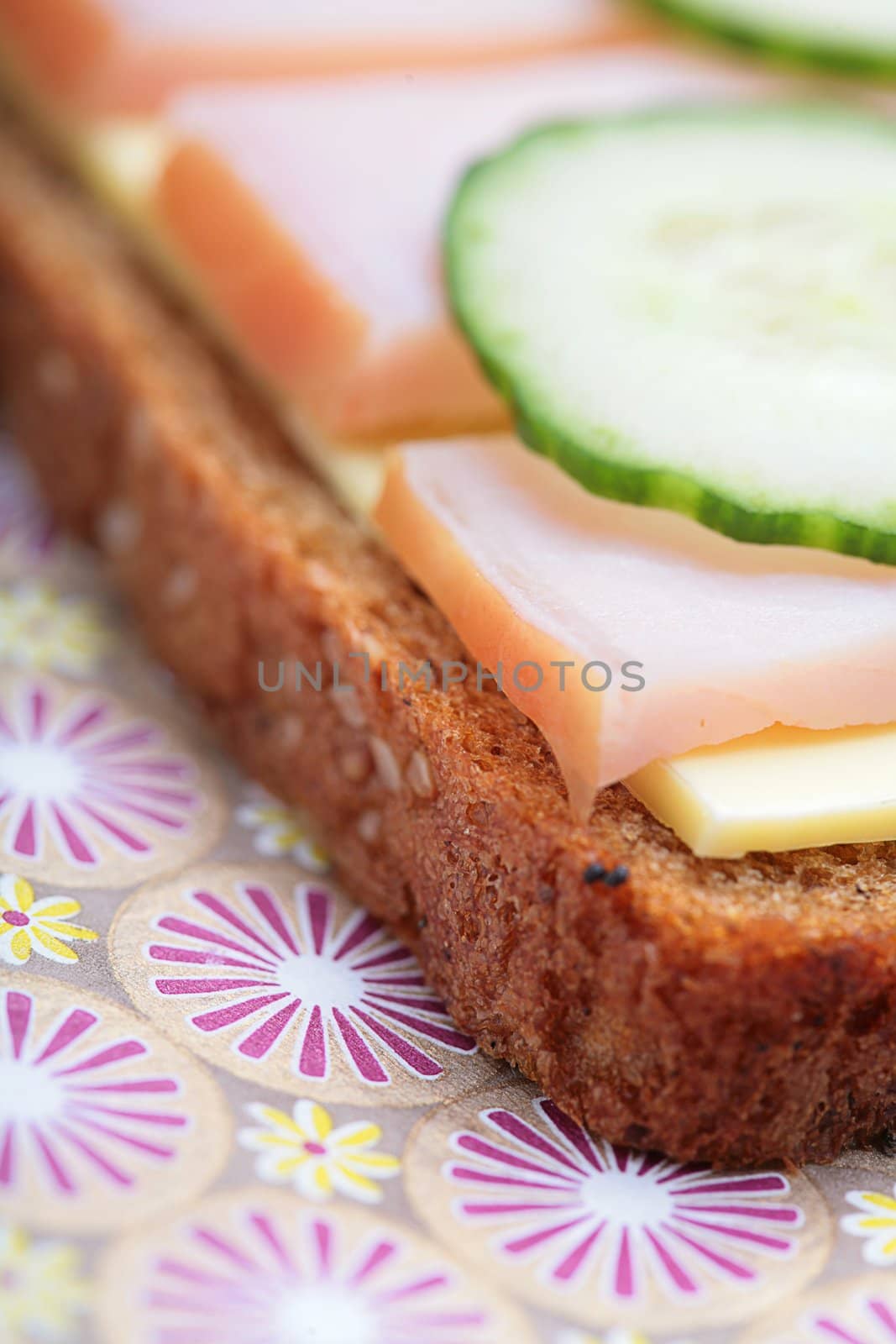 fragment of sandwich from pumpernickel bread with butter, ham and cucumber, Small Depth to Sharpness