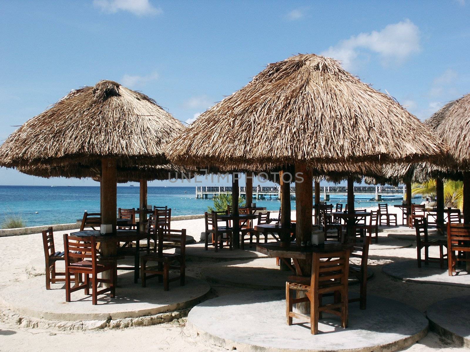 Tables on the beach with thatched umbrellas.