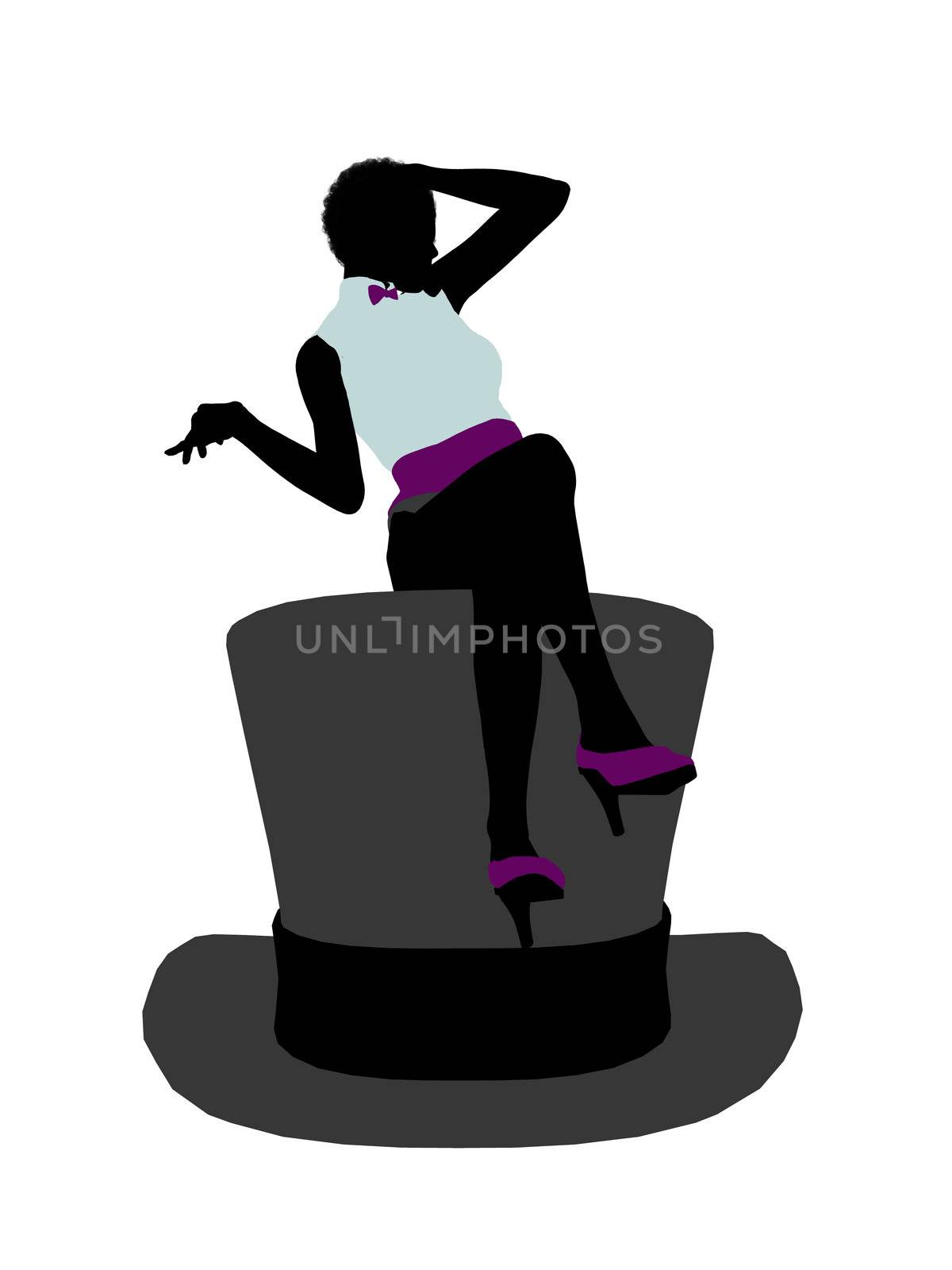 African american female sitting on a top hat art illustration silhouette on a white background