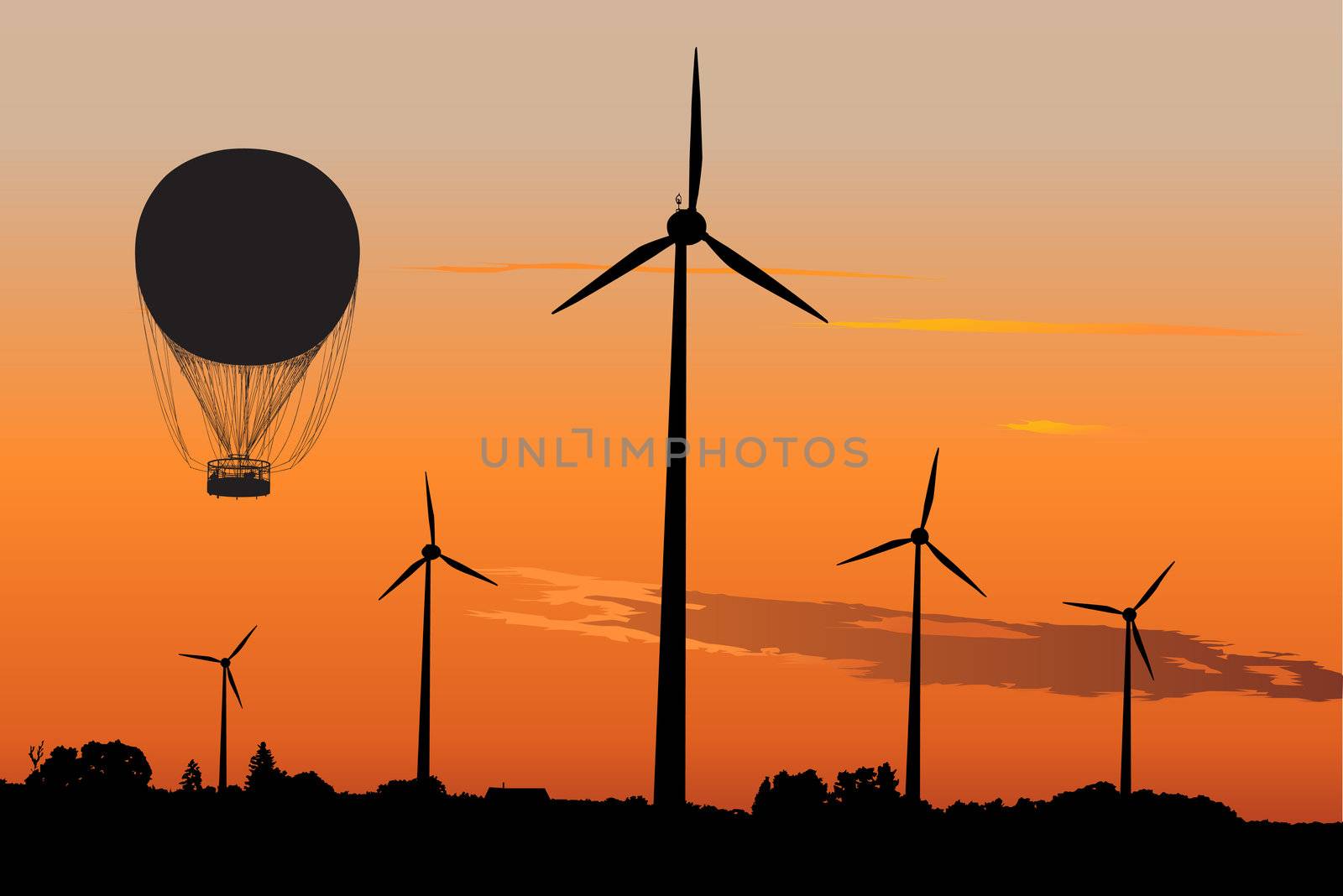 Silhouette of four windturbines and Air Baloon against sunset sky