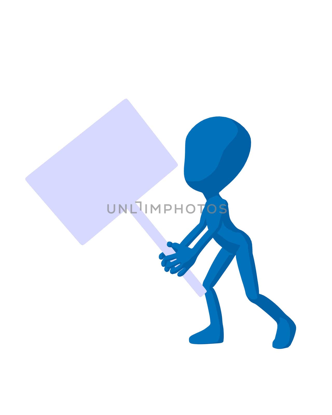 Cute blue silhouette guy holding a blank sign on a white background
