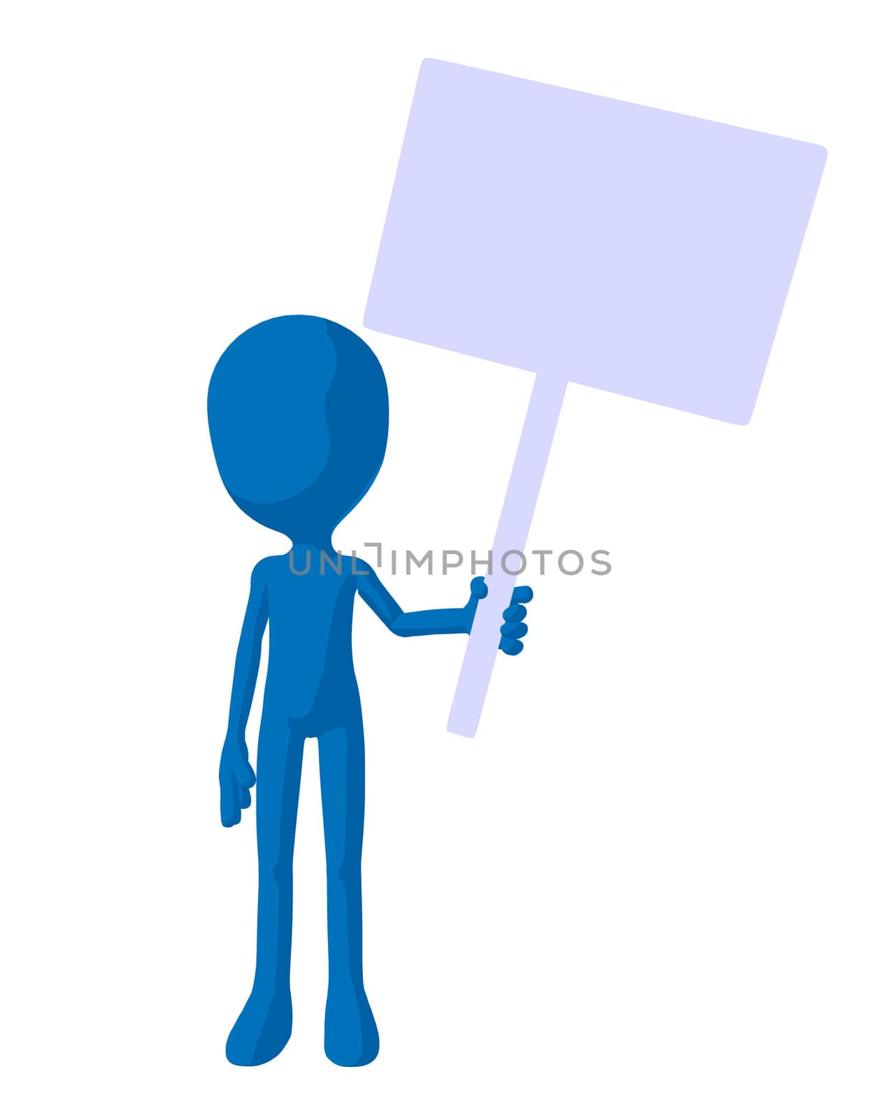 Cute blue silhouette guy holding a blank sign on a white background
