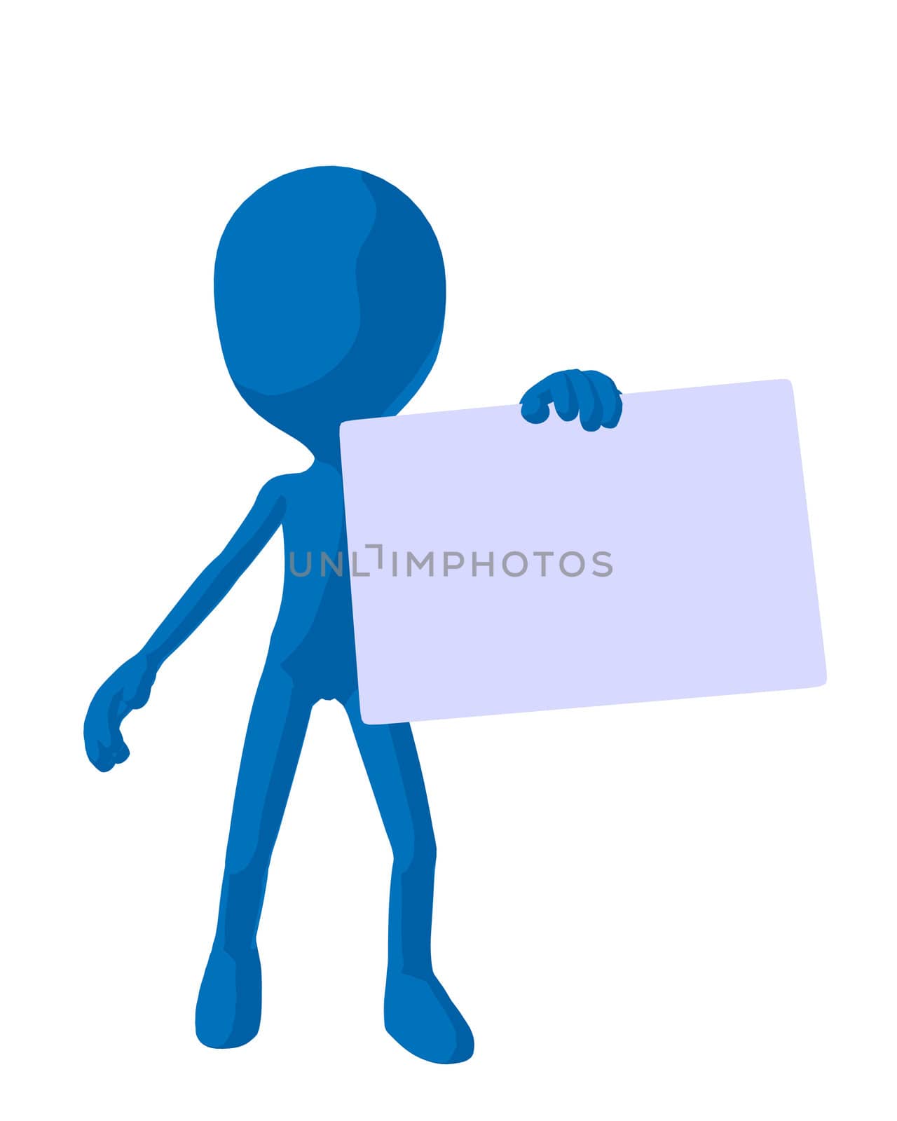 Cute blue silhouette guy holding a blank business card on a white background
