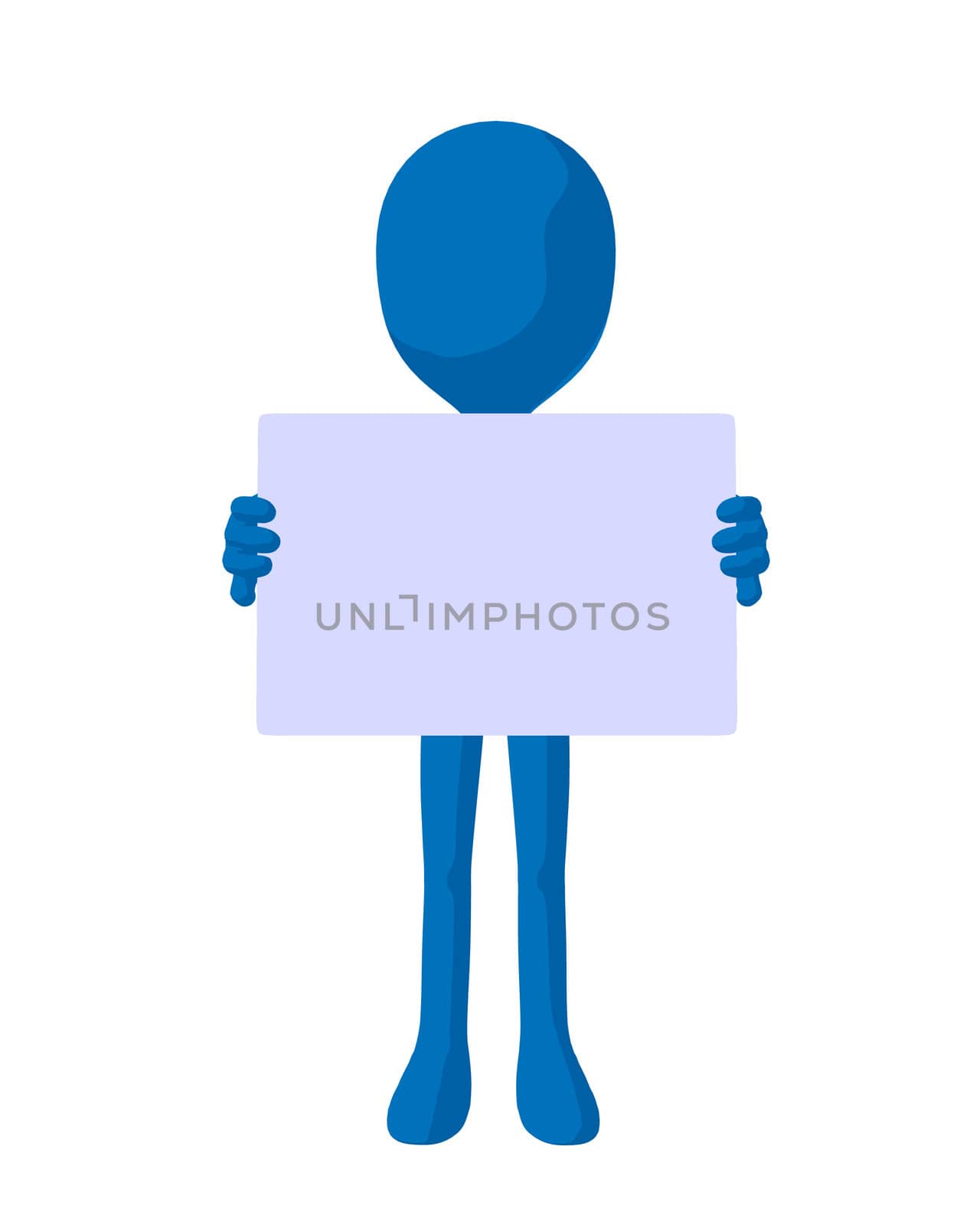 Cute blue silhouette guy holding a blank business card on a white background
