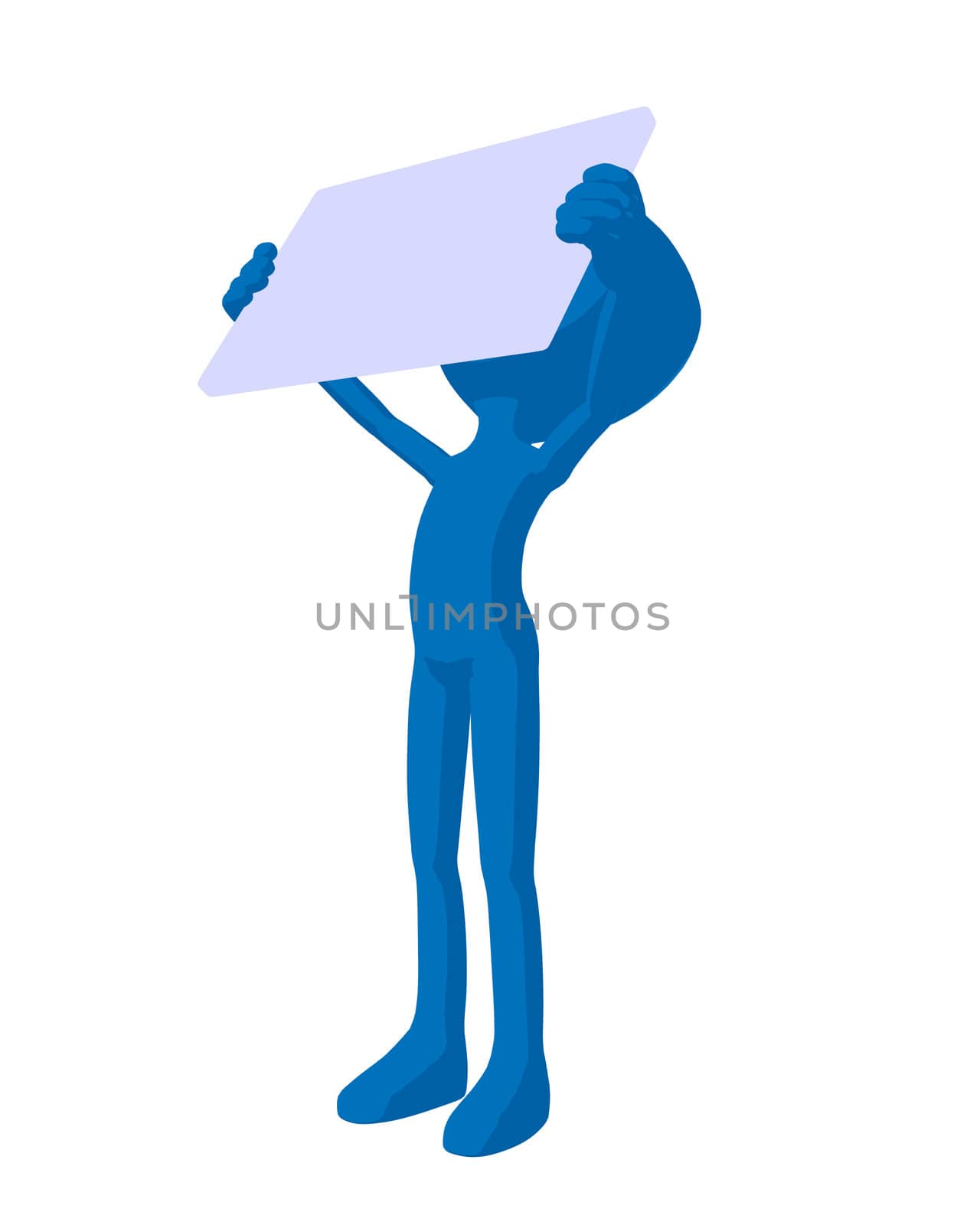 Cute blue silhouette guy holding a blank business card on a white background
